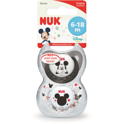 NUK Disney Mickey Silikon-Schnuller, Babyschnuller mit Kiefergerechter Form, 1 Packung = 2 Stück, Größe 2 (6-18 Monate), farbig sortiert 10176158