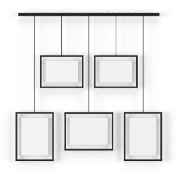 Umbra Exhibit Bilderrahmen-Set, schwarzes Glasrahmen-Set mit Metallschiene und 5 Ketten. Umbra Exhibit - Bild-Darstellung des Produktes 1