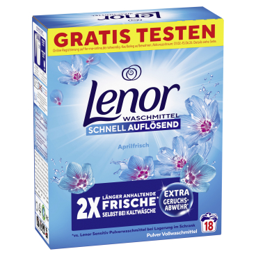 Lenor Vollwaschmittel Pulver Aprilfrisch 0,9 kg - 18 Waschladungen - Bild-Darstellung des Produktes 1