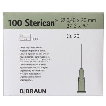 B. Braun Sterican Einmalkanülen 100 Stück Nr.20 0,40 x 20 mm 27G grau B. Braun Sterican Einmalkanülen 100 Stück Nr.20 0,40 x 20 mm 27G grau - Bild-Darstellung des Produktes 1