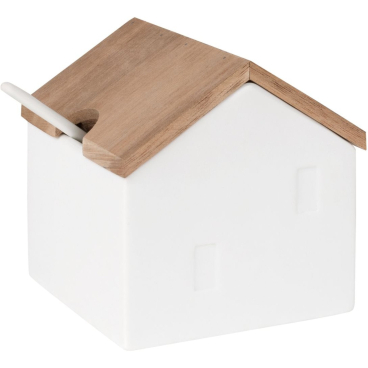 räder HÜTTENZAUBER Zuckerdose mit Löffel, Porzellanhäuschen mit Akazienholz-Dach, weiß. weiß/holzfarben - Bild-Darstellung des Produktes 1