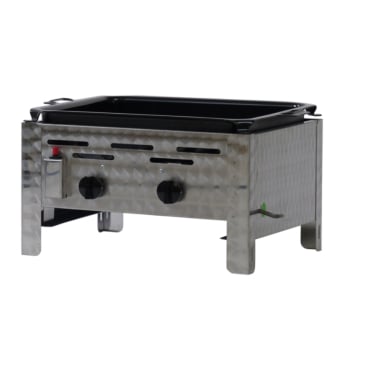 Gastrobräter, 2 Brenner je 4,5 kW, mit emaillierter Stahlpfanne, B 480 x T 530 x H 270 mm, inkl. Gewerbedruckregler u. Schlauchbruchsicherung 2 Brenner je 4,5 kW, mit emaillierter Stahlpfanne - Bild-Darstellung des Produktes 1
