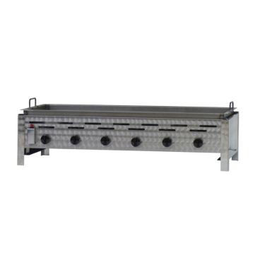 Gastrobräter, 6 Brenner je 4,5 kW, mit Edelstahlpfanne geschweißt, B 1140 mm x T 530 mm x H 270 mm, inkl. Gewerbedruckregler u. Schlauchbruchsicherung 6 Brenner je 4,5 kW, mit Edelstahlpfanne geschweißt - Bild-Darstellung des Produktes 1