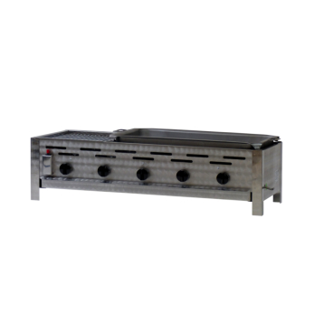 Gastrobräter, 5 Brenner je 3,6 kW, mit Grillrost und Edelstahlpfanne, B 980 x T 530 x H 270 mm, inkl. Gewerbedruckregler u. Schlauchbruchsicherung 5 Brenner je 3,6 kW, mit Grillrost und Edelstahlpfanne - Bild-Darstellung des Produktes 1