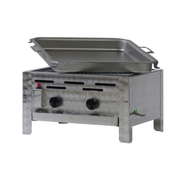 Gastrobräter, 2 Brenner je 4,5 kW, m. Grillrost u. Edelstahlpfanne, B 480 mm x T 530 mm x H 270 mm, inkl. Gewerbedruckregler u. Schlauchbruchsicherung 2 Brenner je 4,5 kW, m. Grillrost u. Edelstahlpfanne - Bild-Darstellung des Produktes 1