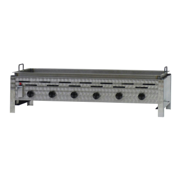 Gastrobräter, 6 Brenner je 4,5 kW, mit Stahlpfanne, geschweißt, B 1140 mm x T 530 mm x H 270 mm, inkl. Gewerbedruckregler u. Schlauchbruchsicherung 6 Brenner je 4,5 kW, mit Stahlpfanne, geschweißt - Bild-Darstellung des Produktes 1