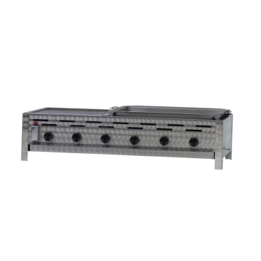 Gastrobräter, 6 Brenner je 4,5 kW, mit Grillrost und Edelstahlpfanne, B 1140 x T 530 x H 270 mm, inkl. Gewerbedruckregler u. Schlauchbruchsicherung 6 Brenner je 4,5 kW, mit Grillrost und Edelstahlpfanne - Bild-Darstellung des Produktes 1