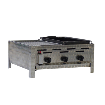 Gastrobräter, 3 Brenner je 3,6 kW, mit Grillrost u. emaill. Stahlpfanne, B 650 x T 530 x H 270 mm, inkl. Gewerbedruckregler u. Schlauchbruchsicherung 3 Brenner je 3,6 kW, mit Grillrost u. emaill. Stahlpfanne - Bild-Darstellung des Produktes 1