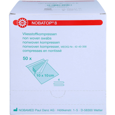 NOBA Nobatop 8 sterile Vliesstoffkompressen 4 - fach 50 x 2 Stück 10 x 10 cm NOBA Nobatop 8 sterile Vliesstoffkompressen 4 - fach 50 x 2 Stück 10 x 10 cm - Bild-Darstellung des Produktes 1