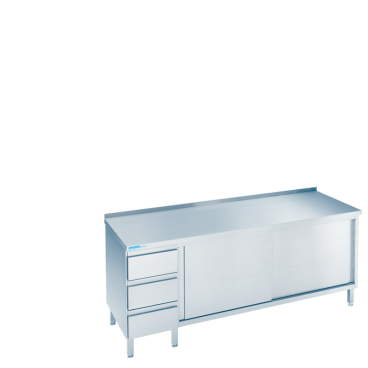CHROMOnorm ARBEITSSCHRANK MIT SCHIEBETÜREN UND SCHUBLADENBLOCK LINKS, MIT TISCHPLATTE HINTEN AUF - 1600x700x850/900 mm SS0716CS3L0 - Bild-Darstellung des Produktes 1