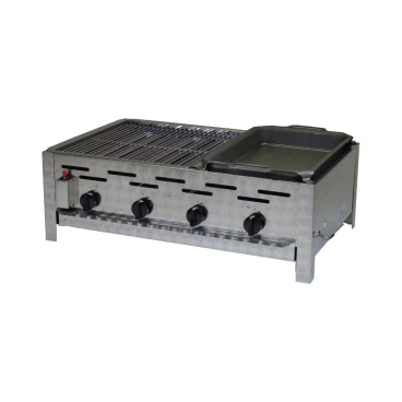 Gastrobräter, 4 Brenner je 4,5 kW, mit Grillrost und Edelstahlpfanne, B 810 x T 530 x H 270 mm, inkl. Gewerbedruckregler u. Schlauchbruchsicherung 4 Brenner je 4,5 kW, mit Grillrost und Edelstahlpfanne - Bild-Darstellung des Produktes 1