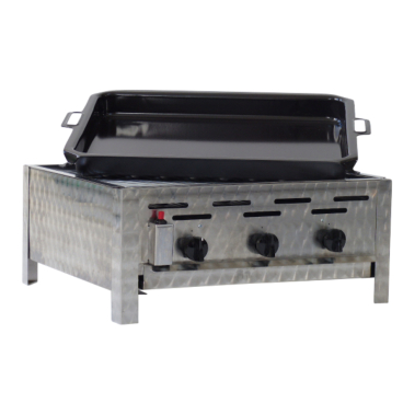 Gastrobräter, 3 Brenner je 3,6 kW, mit Grillrost u. emaill. Stahlpfanne, B 650 x T 530 x H 270 mm, inkl. Gewerbedruckregler u. Schlauchbruchsicherung 3 Brenner je 3,6 kW, mit Grillrost u. emaill. Stahlpfanne - Bild-Darstellung des Produktes 1