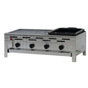 Gastrobräter, 4 Brenner je 3,6 kW, mit Grillrost u. emaill. Stahlpfanne, B 810 x T 530 x H 270 mm, inkl. Gewerbedruckregler u. Schlauchbruchsicherung 4 Brenner je 3,6 kW, mit Grillrost u. emaill. Stahlpfanne - Bild-Darstellung des Produktes 1