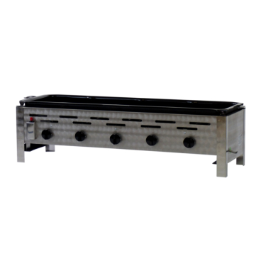 Gastrobräter, 5 Brenner je 3,6 kW, mit emaillierter Stahlpfanne, B 980 x T 530 x H 270 mm, inkl. Gewerbedruckregler u. Schlauchbruchsicherung 5 Brenner je 3,6 kW, mit emaillierter Stahlpfanne - Bild-Darstellung des Produktes 1