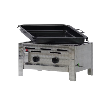 Gastrobräter, 2 Brenner je 3,6 kW, mit Grillrost u. emaill. Stahlpfanne, B 480 x T 530 x H 270 mm, inkl. Gewerbedruckregler u. Schlauchbruchsicherung 2 Brenner je 3,6 kW, mit Grillrost u. emaill. Stahlpfanne - Bild-Darstellung des Produktes 1