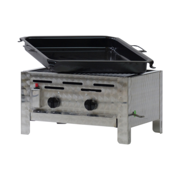 Gastrobräter, 2 Brenner je 4,5 kW, mit Grillrost u. emaill. Stahlpfanne, B 480 x T 530 x H 270 mm, inkl. Gewerbedruckregler u. Schlauchbruchsicherung 2 Brenner je 4,5 kW, mit Grillrost u. emaill. Stahlpfanne - Bild-Darstellung des Produktes 1
