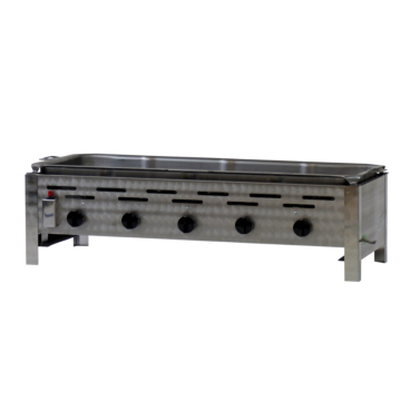 Gastrobräter, 5 Brenner je 3,6 kW, mit Edelstahlpfanne, B 980 mm x T 530 mm x H 270 mm, inkl. Gewerbedruckregler u. Schlauchbruchsicherung 5 Brenner je 3,6 kW, mit Edelstahlpfanne - Bild-Darstellung des Produktes 1