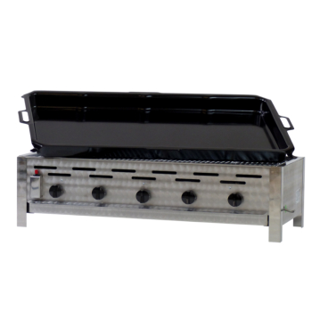 Gastrobräter, 5 Brenner je 3,6 kW, mit Grillrost u. emaill. Stahlpfanne, B 980 x T 530 x H 270 mm, inkl. Gewerbedruckregler u. Schlauchbruchsicherung 5 Brenner je 3,6 kW, mit Grillrost u. emaill. Stahlpfanne - Bild-Darstellung des Produktes 1