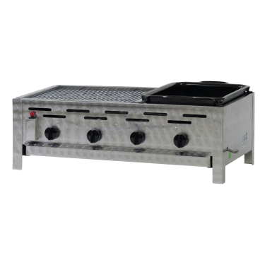 Gastrobräter, 4 Brenner je 4,5 kW, mit Grillrost u. emaill. Stahlpfanne, B 810 x T 530 x H 270 mm, inkl. Gewerbedruckregler u. Schlauchbruchsicherung 4 Brenner je 4,5 kW, mit Grillrost u. emaill. Stahlpfanne - Bild-Darstellung des Produktes 1