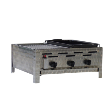 Gastrobräter, 3 Brenner je 4,5 kW, mit Grillrost u. emaill. Stahlpfanne, B 650 x T 530 x H 270 mm, inkl. Gewerbedruckregler u. Schlauchbruchsicherung 3 Brenner je 4,5 kW, mit Grillrost u. emaill. Stahlpfanne - Bild-Darstellung des Produktes 1