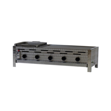Gastrobräter, 5 Brenner je 3,6 kW, mit Grillrost und Stahlpfanne, B 980 x T 530 x H 270 mm, inkl. Gewerbedruckregler u. Schlauchbruchsicherung 5 Brenner je 3,6 kW, mit Grillrost und Stahlpfanne - Bild-Darstellung des Produktes 1