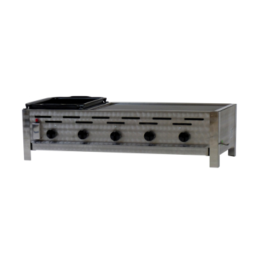 Gastrobräter, 5 Brenner je 4,5 kW, mit Grillrost und Stahlpfanne, B 980 x T 530 x H 270 mm, inkl. Gewerbedruckregler u. Schlauchbruchsicherung 5 Brenner je 4,5 kW, mit Grillrost und Stahlpfanne - Bild-Darstellung des Produktes 1