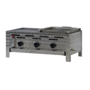 Gastrobräter, 3 Brenner je 3,6 kW, mit Grillrost und Stahlblechpfanne, B 650 x T 530 x H 270 mm, inkl. Gewerbedruckregler u. Schlauchbruchsicherung 3 Brenner je 3,6 kW, mit Grillrost und Stahlblechpfanne - Bild-Darstellung des Produktes 1