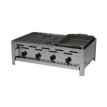 Gastrobräter, 4 Brenner je 3,6 kW, mit Grillrost und Stahlpfanne, B 810 x T 530 x H 270 mm, inkl. Gewerbedruckregler u. Schlauchbruchsicherung 4 Brenner je 3,6 kW, mit Grillrost und Stahlpfanne - Bild-Darstellung des Produktes 1