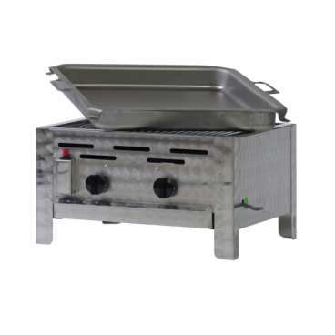 Gastrobräter, 2 Brenner je 4,5 kW, mit Grillrost und Stahlpfanne, B 480 x T 530 x H 270 mm, inkl. Gewerbedruckregler u. Schlauchbruchsicherung 2 Brenner je 4,5 kW, mit Grillrost und Stahlpfanne - Bild-Darstellung des Produktes 1