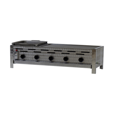 Gastrobräter, 5 Brenner je 3,6 kW, mit Grillrost und Edelstahlpfanne, B 980 x T 530 x H 270 mm, inkl. Gewerbedruckregler u. Schlauchbruchsicherung 5 Brenner je 3,6 kW, mit Grillrost und Edelstahlpfanne - Bild-Darstellung des Produktes 1