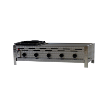 Gastrobräter, 5 Brenner je 4,5 kW, mit Grillrost u. emaill. Stahlpfanne, B 980 x T 530 x H 270 mm, inkl. Gewerbedruckregler u. Schlauchbruchsicherung 5 Brenner je 4,5 kW, mit Grillrost u. emaill. Stahlpfanne - Bild-Darstellung des Produktes 1