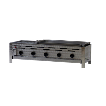 Gastrobräter, 5 Brenner je 3,6 kW, mit Grillrost und Stahlpfanne, B 980 x T 530 x H 270 mm, inkl. Gewerbedruckregler u. Schlauchbruchsicherung 5 Brenner je 3,6 kW, mit Grillrost und Stahlpfanne - Bild-Darstellung des Produktes 1