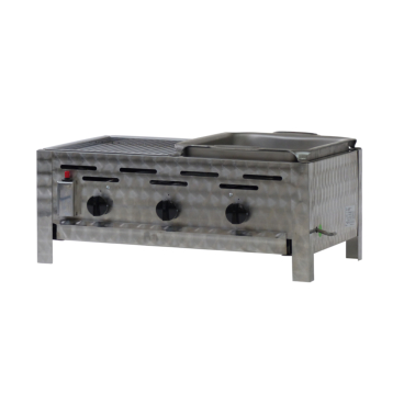 Gastrobräter, 3 Brenner je 4,5 kW, mit Grillrost und Stahlblechpfanne, B 650 x T 530 x H 270 mm, inkl. Gewerbedruckregler u. Schlauchbruchsicherung 3 Brenner je 4,5 kW, mit Grillrost und Stahlblechpfanne - Bild-Darstellung des Produktes 1