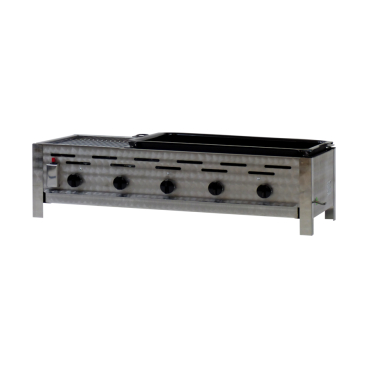 Gastrobräter, 5 Brenner je 4,5 kW, mit Grillrost u. emaill. Stahlpfanne, B 980 x T 530 x H 270 mm, inkl. Gewerbedruckregler u. Schlauchbruchsicherung 5 Brenner je 4,5 kW, mit Grillrost u. emaill. Stahlpfanne - Bild-Darstellung des Produktes 1