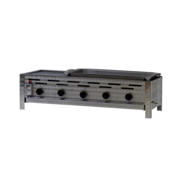 Gastrobräter, 5 Brenner je 4,5 kW, mit Grillrost und Edelstahlpfanne, B 980 x T 530 x H 270 mm, inkl. Gewerbedruckregler u. Schlauchbruchsicherung 5 Brenner je 4,5 kW, mit Grillrost und Edelstahlpfanne - Bild-Darstellung des Produktes 1
