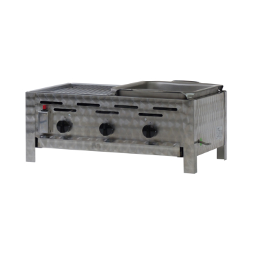 Gastrobräter, 3 Brenner je 3,6 kW, mit Grillrost und Edelstahlpfanne, B 650 x T 530 x H 270 mm, inkl. Gewerbedruckregler u. Schlauchbruchsicherung 3 Brenner je 3,6 kW, mit Grillrost und Edelstahlpfanne - Bild-Darstellung des Produktes 1