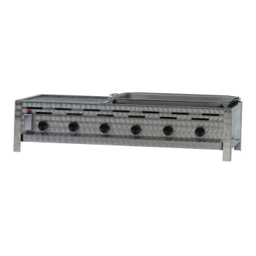 Gastrobräter, 6 Brenner je 4,5 kW, mit Grillrost und Stahlpfanne, B 1140 x T 530 x H 270 mm, inkl. Gewerbedruckregler u. Schlauchbruchsicherung 6 Brenner je 4,5 kW, mit Grillrost und Stahlpfanne - Bild-Darstellung des Produktes 1