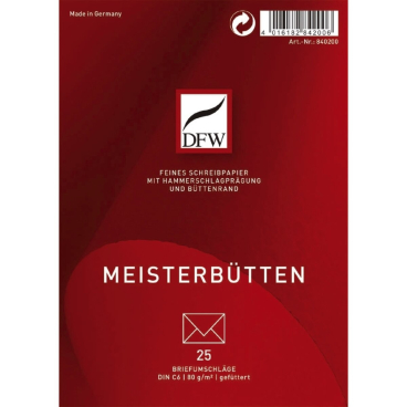 Briefumschlag Meisterbütten - DIN C6 gefüttert 80 g/qm 25 Stück. Briefumschlag Meisterbütten - DIN C6 gefüttert 80 g/qm 25 Stück. - Bild-Darstellung des Produktes 1