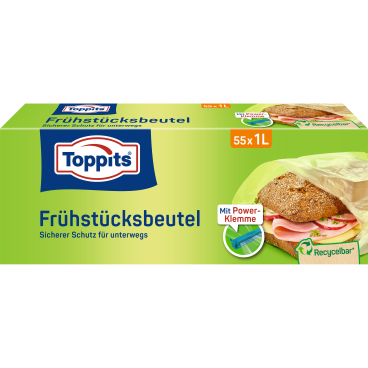 Toppits® Frühstücksbeutel, 1 Liter, mit Klemme 1 Packung = 55 Stück à 1 Liter - Bild-Darstellung des Produktes 1