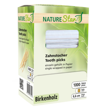 NATURESTAR Zahnstocher in Papier, gehüllt 1 Box = 1000 Stück, Birkenholz - Bild-Darstellung des Produktes 1