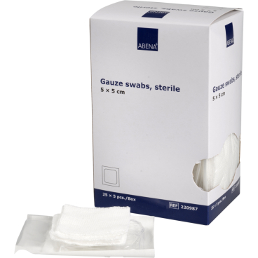 ABENA® Mullkompressen, 8-lagig, 17-fädig, steril, weiß 1 Packung = 25 Beutel à 5 Stück, Maße: 5 x 5 cm - Bild-Darstellung des Produktes 1