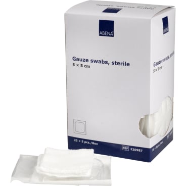 ABENA® Mullkompressen, 8-lagig, 17-fädig, steril, weiß 1 Karton = 18 Packungen à 25 Beutel à 5 Stück, Maße: 5 x 5 cm - Bild-Darstellung des Produktes 1