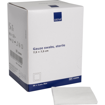 ABENA® Mullkompressen, 8-lagig, 17-fädig, steril, weiß 1 Karton = 18 Packungen à 50 Beutel à 2 Stück, Maße: 7,5 x 7,5 cm - Bild-Darstellung des Produktes 1