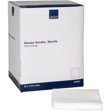 ABENA® Mullkompressen, 8-lagig, 17-fädig, steril, weiß 1 Packung = 25 Beutel à 5 Stück, Maße: 7,5 x 7,5 cm - Bild-Darstellung des Produktes 1