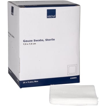 ABENA® Mullkompressen, 8-lagig, 17-fädig, steril, weiß 1 Karton = 18 Packungen à 25 Beutel à 5 Stück, Maße: 7,5 x 7,5 cm - Bild-Darstellung des Produktes 1