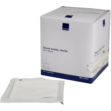 ABENA® Mullkompressen, 8-lagig, 17-fädig, steril, weiß 1 Karton = 18 Packungen à 50 Beutel à 2 Stück, Maße: 10 x 10 cm - Bild-Darstellung des Produktes 1