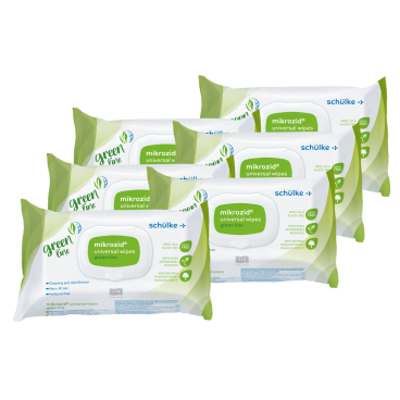 Schülke mikrozid®  universal wipes Desinfektionstücher greenline 1 Karton = 6  Softpacks à 114 Tücher, Maße: 18 x 20 cm - Bild-Darstellung des Produktes 1