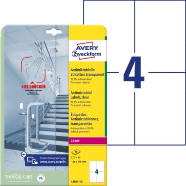 Etiketten antimikrobiell 105x148mm permanent transparent VE=10 Bogen/40 Stück Etiketten antimikrobiell 105x148mm permanent transparent VE=10 Bogen/40 Stück - Bild-Darstellung des Produktes 1