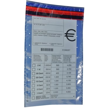 Münzgeldtasche mit € Mültistückelung 220x370mm VE=100 Stück Münzgeldtasche mit € Mültistückelung 220x370mm VE=100 Stück - Bild-Darstellung des Produktes 1