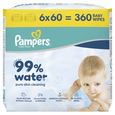 Pampers Feuchttücher 99% Water 1 Packung = 6 Flowpacks à 60 Tücher - Bild-Darstellung des Produktes 1